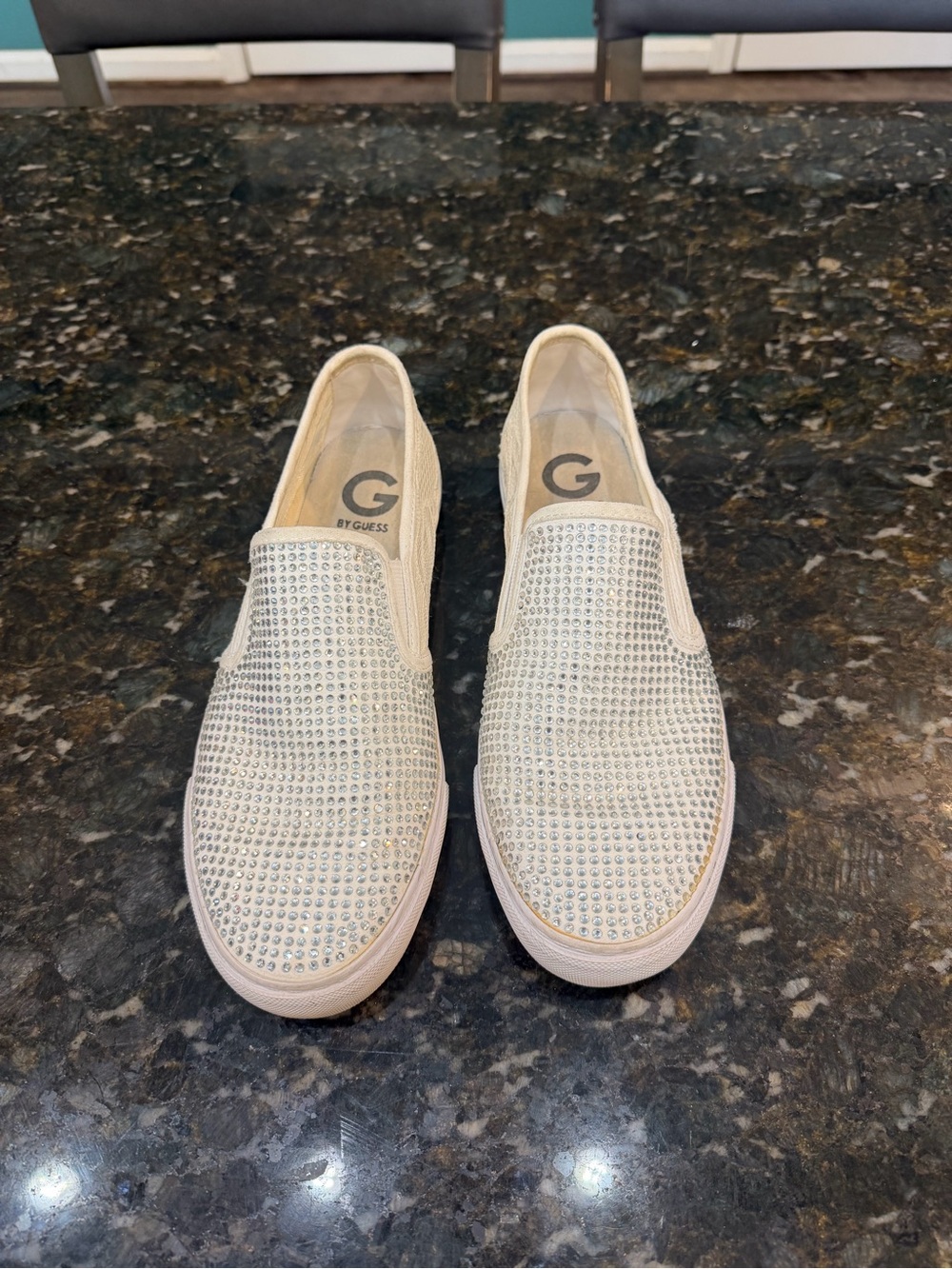 G by Guess Crystal-Embellished Slip-On Sneakers in Light Beige